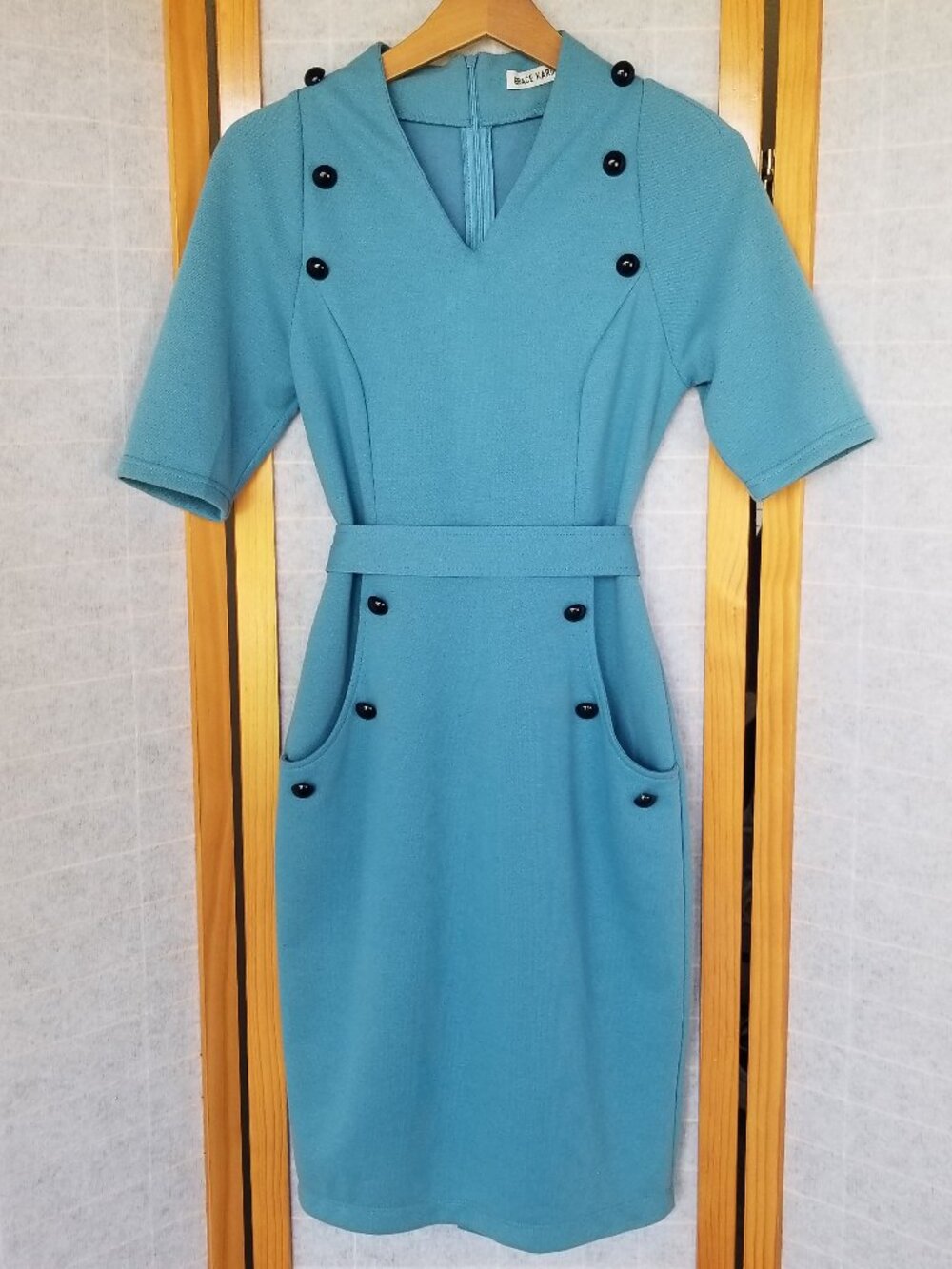 Grace Karin Blue Midi Dress Mad Men Vintage Style Belted Pockets Size Medium